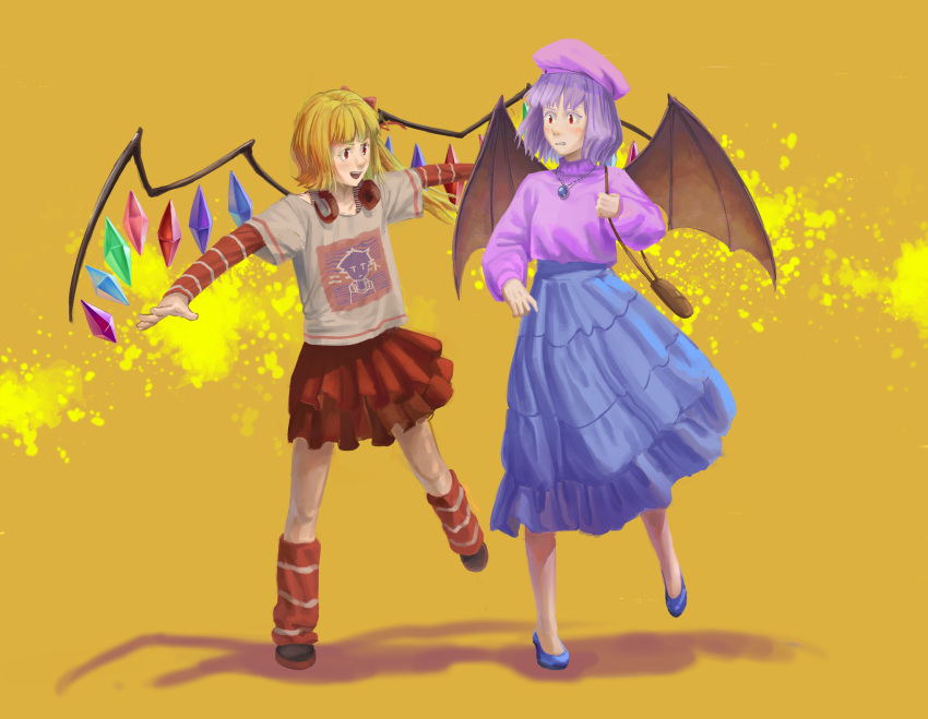 2girls alternate_costume bag bat_wings blonde_hair blue_hair crystal_wings flandre_scarlet headphones highres ikee_ts jewelry multiple_girls necklace red_eyes red_skirt remilia_scarlet shirt short_hair shoulder_bag skirt smile t-shirt touhou wings