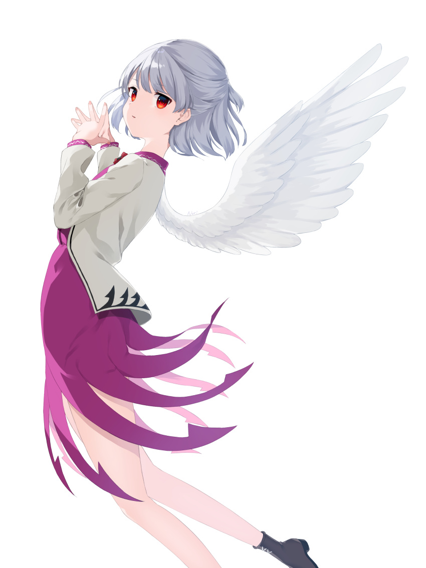 1girl absurdres angel_wings commentary_request dress feathered_wings grey_hair highres jacket kishin_sagume long_sleeves looking_at_viewer norichiizu open_clothes open_jacket purple_dress red_eyes short_hair simple_background single_wing solo steepled_fingers touhou white_background white_wings wings