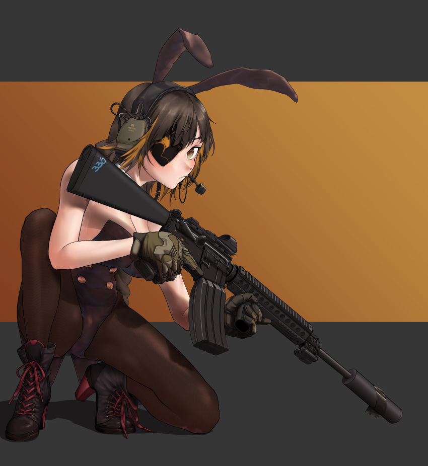 1girl absurdres alternate_costume animal_ears assault_rifle bearcslee black_background black_footwear black_pantyhose blonde_hair boots breasts brown_eyes brown_gloves brown_hair cleavage cross-laced_footwear ear_protection eyepatch fake_animal_ears full_body girls'_frontline gloves gun high_heel_boots high_heels highres holding holding_gun holding_weapon looking_at_viewer m16 m16a1_(girls'_frontline) mole mole_under_eye multicolored_hair on_one_knee orange_background pantyhose playboy_bunny rabbit_ears rifle solo streaked_hair suppressor trigger_discipline two-tone_background weapon