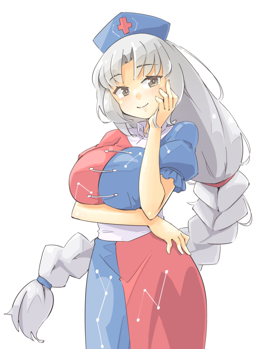 1girl arm_under_breasts arnest blue_dress breasts bright_pupils brown_eyes closed_mouth commentary_request constellation_print dress frills grey_hair hand_on_own_cheek hand_on_own_face hand_up hat highres huge_breasts light_blush long_hair looking_at_viewer low-braided_long_hair nurse_cap parted_bangs puffy_short_sleeves puffy_sleeves red_dress short_sleeves simple_background smile solo touhou two-tone_dress very_long_hair white_background white_pupils yagokoro_eirin