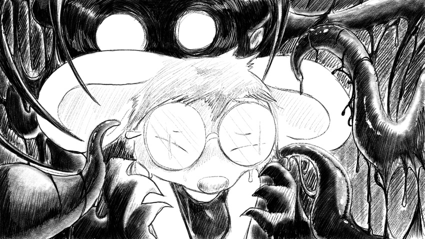 4_fingers ambiguous_gender animal_crossing anthro black_tentacles bodily_fluids breasts clothing dragonweirdo dripping duo ears_down eyes_closed eyewear female female/ambiguous fingers glasses glowing glowing_eyes goo_dripping greyscale hallucination hand_on_arm hi_res looming mammal marshal_(animal_crossing) monochrome monster mouse mouse_ears murid murine nintendo one-piece_swimsuit petri_(animal_crossing) pivoted_ears rodent round_glasses scared sciurid small_breasts story story_in_description sweat sweatdrop swimwear tentacles tree_squirrel wearing_glasses wet