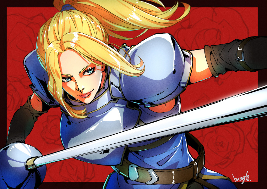 1girl absurdres armor black_gloves blonde_hair blue_eyes breastplate breasts charlotte_christine_de_colde elbow_gloves gloves highres holding long_hair looking_at_viewer pauldrons ponytail rapier samurai_spirits shoulder_armor sidelocks smile snk solo strikebeagle sword weapon