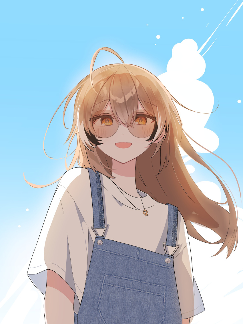 1girl :d absurdres ahoge alternate_costume backlighting blue_overalls blush brown_eyes brown_hair casual cloud cloudy_sky crossed_bangs double-parted_bangs floating_hair glowing hair_between_eyes highres hololive hololive_english long_hair looking_at_viewer multicolored_hair nanashi_mumei overalls round_eyewear shirt sky smile streaked_hair t-shirt tinted_eyewear very_long_hair virtual_youtuber white_shirt xx_tk9