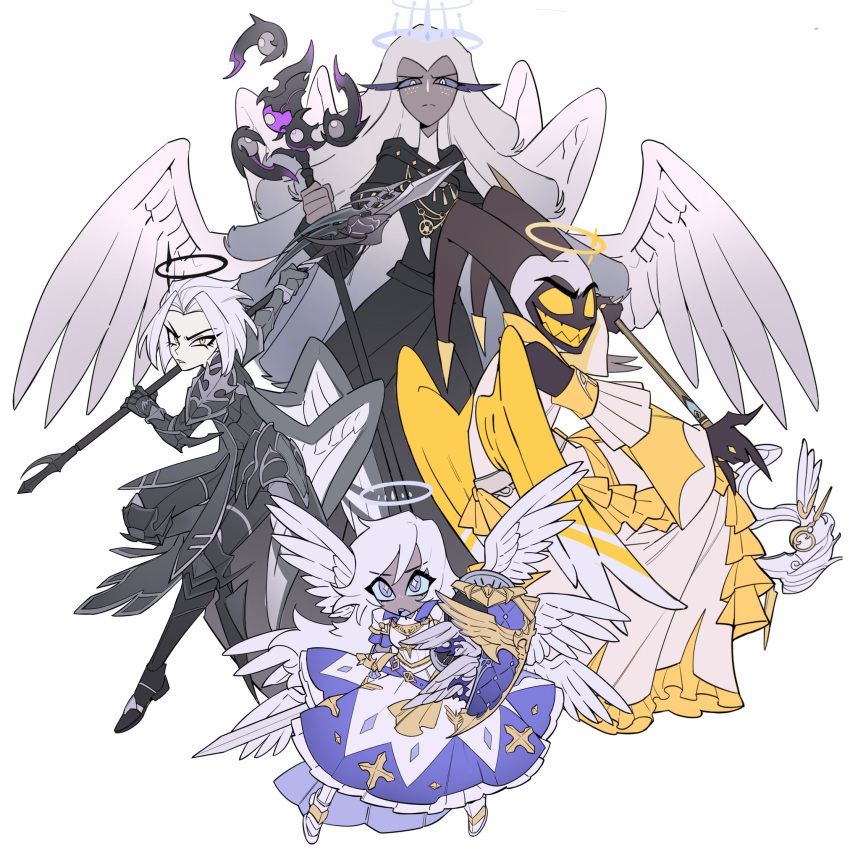 1boy 3girls adam_(hazbin_hotel) amykem angel angel_wings armor armored_dress black_halo black_mage colored_skin crossover dragoon_(final_fantasy) emily_(hazbin_hotel) final_fantasy final_fantasy_xiv grey_hair grey_skin halo hazbin_hotel highres holding holding_polearm holding_shield holding_staff holding_sword holding_weapon horned_mask long_hair lute_(hazbin_hotel) mage_staff mask multiple_girls paladin_(final_fantasy) polearm robe sera_(hazbin_hotel) shield simple_background spear staff sword very_long_hair weapon white_hair white_mage white_skin wings