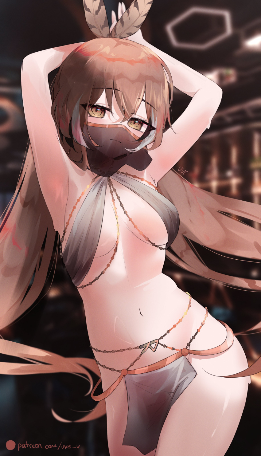 1girl absurdres arabian_clothes belly_dancing body_chain breasts brown_eyes brown_hair dancer dancing feather_hair_ornament feathers hair_ornament harem_outfit highres hololive hololive_english loincloth long_hair looking_at_viewer medium_breasts mouth_veil multicolored_hair nanashi_mumei navel pelvic_curtain ponytail solo streaked_hair uve veil very_long_hair virtual_youtuber