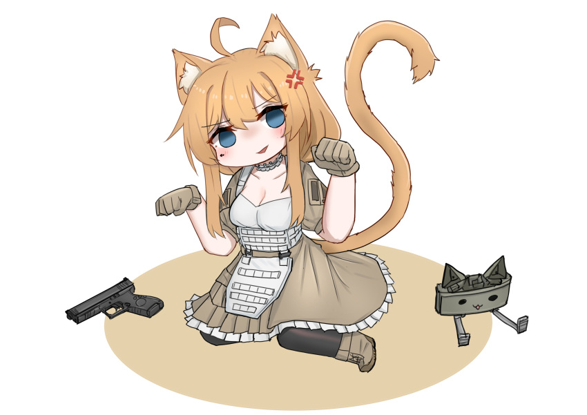 1girl absurdres anger_vein animal_ears apron blonde_hair brown_dress brown_gloves cat_ears cat_girl cat_tail claymore_(mine) dress explosive glock gloves gun handgun highres indie_virtual_youtuber maid maid_apron mine_(weapon) paw_pose solo srtdrawart tactical_clothes tactical_maid tail unconventional_maid weapon whiskey_project white_apron