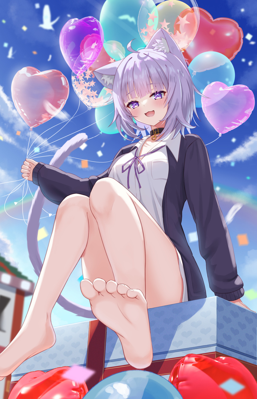 1girl :3 :d absurdres ahoge animal_ear_fluff animal_ears arm_at_side balloon barefoot black_cardigan black_choker blue_sky blunt_bangs blush cardigan cat_ears cat_girl cat_tail choker collared_shirt commentary_request confetti convenient_leg day eyelashes feet foot_out_of_frame from_below hand_up happy heart heart_balloon heart_print highres holding holding_balloon hololive knees_together_feet_apart looking_at_viewer neck_ribbon nekomata_okayu open_cardigan open_clothes open_mouth outdoors purple_eyes purple_hair purple_ribbon ribbon shirt short_hair sky sleeves_past_wrists smile soles solo sparkling_eyes star_(symbol) tail tail_raised toes togemaru34 tsurime virtual_youtuber white_shirt