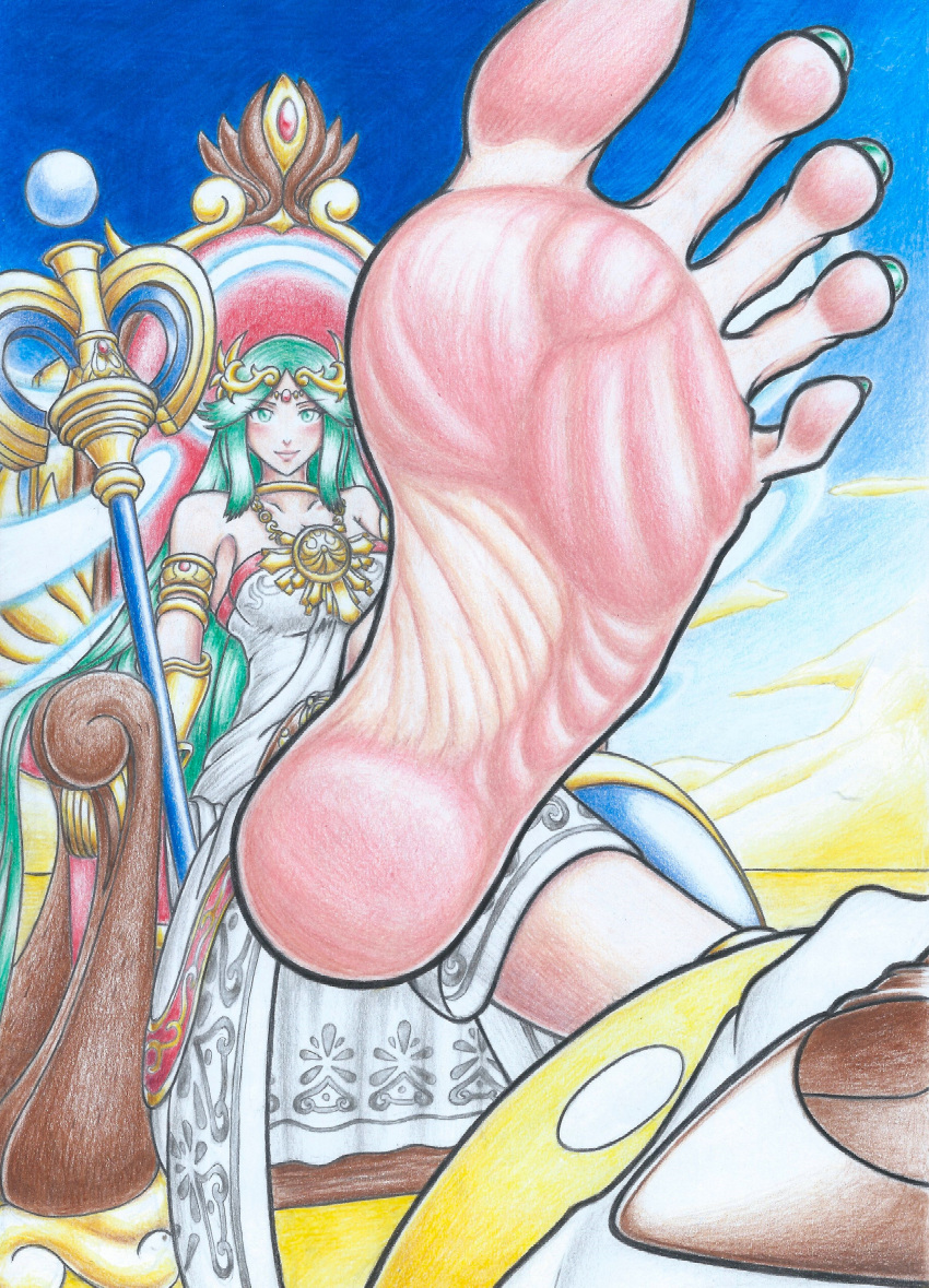 absurdres barefoot feet foot_focus green_eyes green_hair highres kid_icarus no_shoes non-web_source palutena sitting soles spread_toes toenails toes