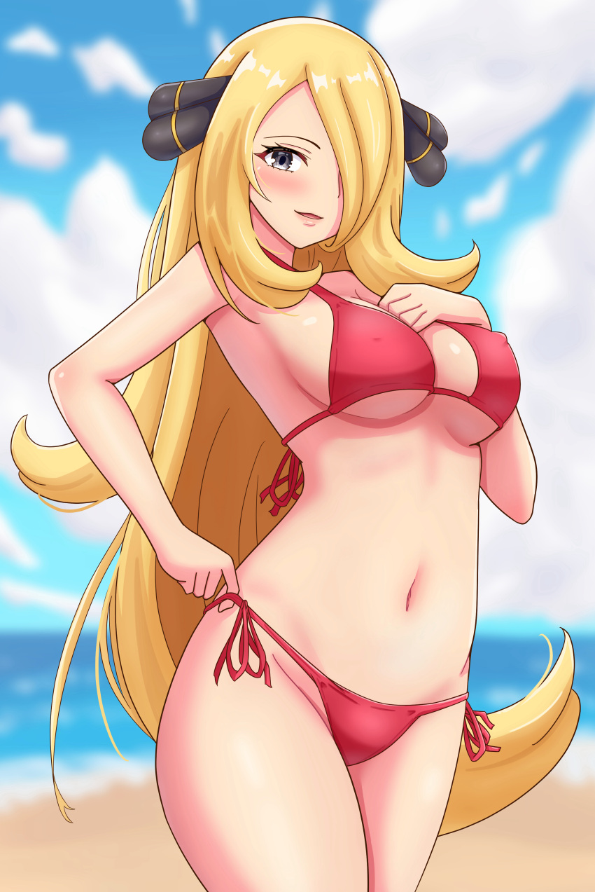 1girl absurdres beach bikini blonde_hair blue_sky breasts cloud commentary_request cynthia_(pokemon) day grey_eyes hair_ornament hair_over_one_eye highres horizon long_hair looking_at_viewer maho_(corotonton5150) ocean outdoors partial_commentary pokemon pokemon_dppt red_bikini side-tie_bikini_bottom sky solo standing swimsuit