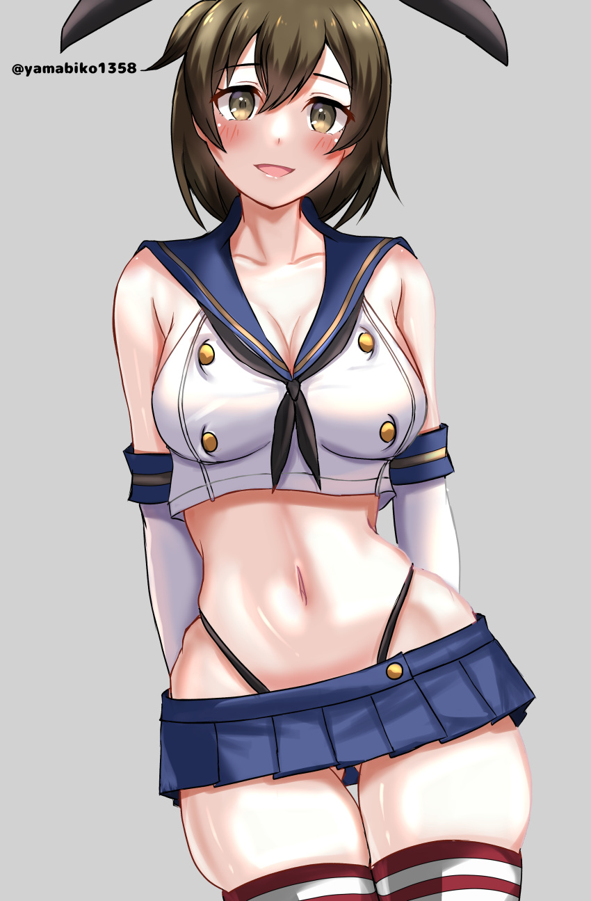 1girl absurdres arms_behind_back ass_visible_through_thighs black_hairband black_neckerchief black_panties blue_sailor_collar blue_skirt breasts brown_eyes brown_hair cleavage cosplay crop_top elbow_gloves gloves grey_background hairband highleg highleg_panties highres hiryuu_(kancolle) kantai_collection large_breasts looking_at_viewer microskirt miniskirt mizuki_(uzuki_no_sato) navel neckerchief one_side_up panties pleated_skirt sailor_collar shimakaze_(kancolle) shimakaze_(kancolle)_(cosplay) shirt short_hair skirt sleeveless sleeveless_shirt smile stomach striped_clothes striped_thighhighs thigh_gap thighhighs twitter_username underwear white_gloves