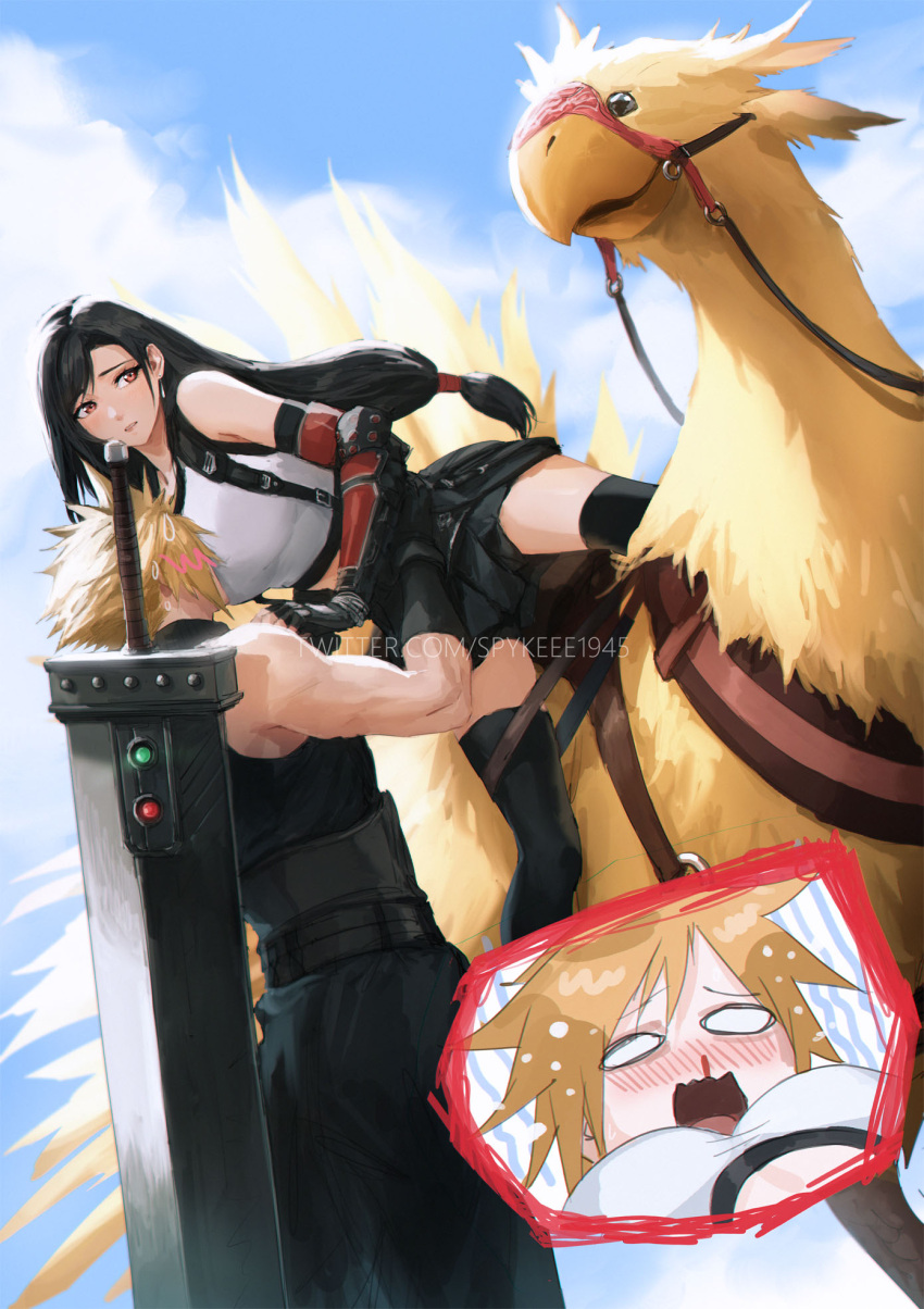 1boy 1girl bare_shoulders bike_shorts_under_skirt black_gloves black_hair black_skirt black_thighhighs blonde_hair blood blue_sky blush blush_visible_through_hair breasts buster_sword chocobo cloud cloud_strife cloudy_sky couple crop_top elbow_pads final_fantasy final_fantasy_vii final_fantasy_vii_rebirth final_fantasy_vii_remake fingerless_gloves gloves hands_on_another's_waist highres huge_weapon large_breasts long_hair low-tied_long_hair materia midriff nosebleed outdoors parted_lips red_eyes red_footwear shy skirt sky sleeveless sleeveless_turtleneck spiked_hair spykeee suspender_skirt suspenders sweatdrop sweater sword sword_on_back tank_top teardrop_earrings thighhighs tifa_lockhart turtleneck turtleneck_sweater weapon weapon_on_back white_tank_top