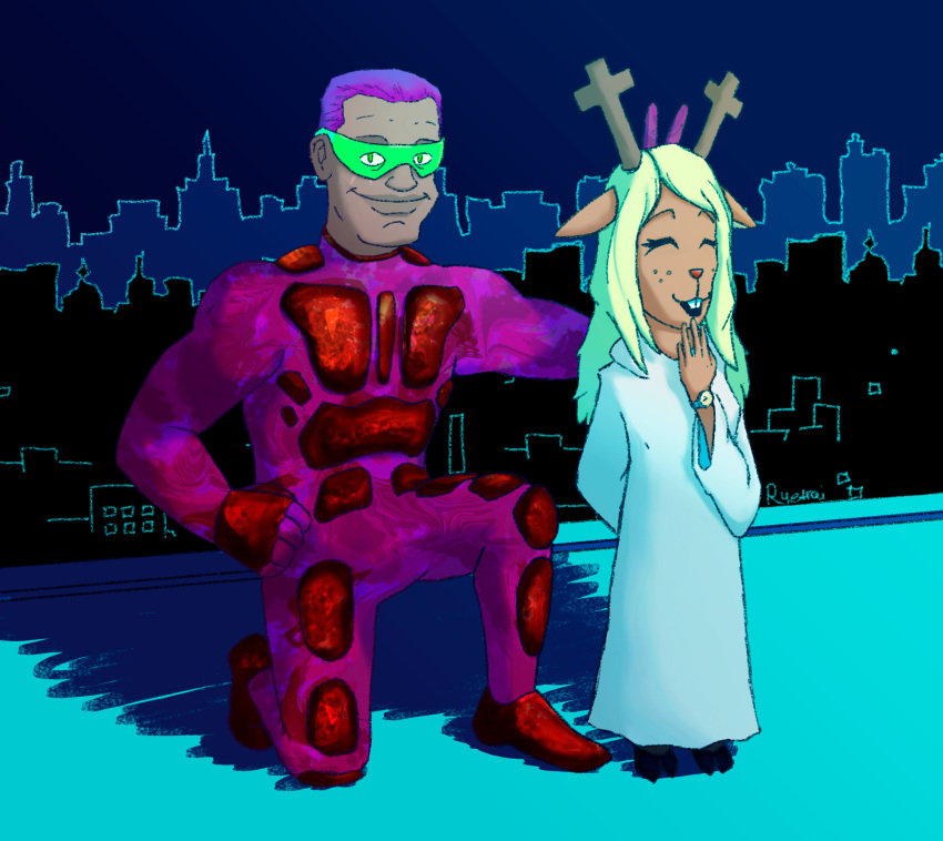 anthro blonde_hair bodysuit buckteeth bunny_ears_(gesture) clock clothing crossover deer deltarune eyewear female fur gesture glasses green_eyewear green_glasses hair happy hi_res horn human looking_at_viewer male mammal new_world_deer noelle_holiday protagonist_(cruelty_squad) purple_hair reindeer robe ryetrai skinsuit smile tan_body tan_fur teeth tight_clothing undertale_(series) watch white_clothing white_robe wristwatch