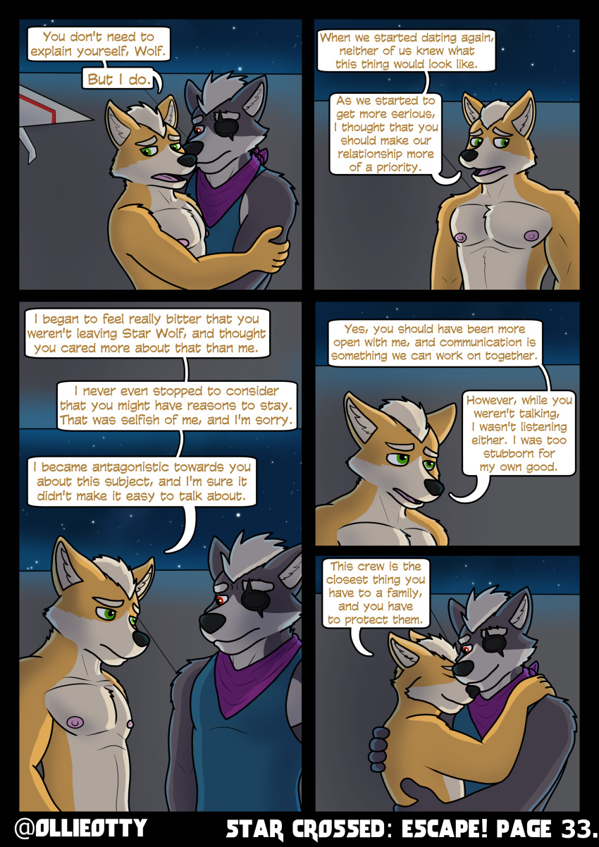 absurd_res anthro clothed clothing comic dialogue duo embrace eye_patch eyewear fox_mccloud hangar hi_res hug love male nintendo nipples nude ollieotty pecs romantic romantic_couple sad space speech_bubble star_fox wolf_o'donnell
