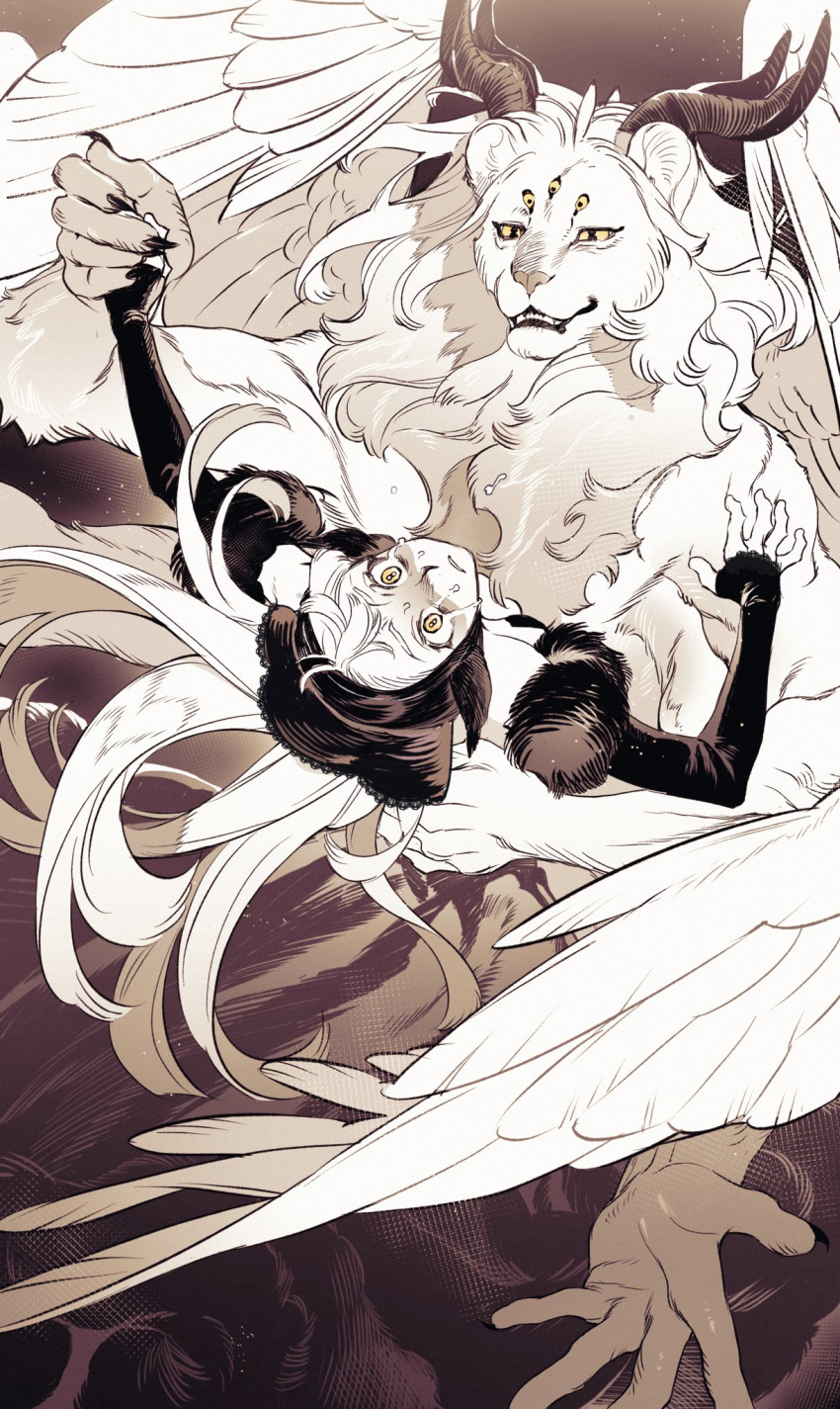 1girl 1other dancing demon_horns dress dungeon_meshi ear_covers elf extra_eyes feathered_wings hand_on_another's_back highres holding_hands horns lion long_hair looking_at_viewer marcille_donato monochrome official_alternate_costume pointy_ears spoilers strapless strapless_dress sumooo_(ga_ilil) tearing_up winged_animal winged_lion_(dungeon_meshi) wings yellow_eyes