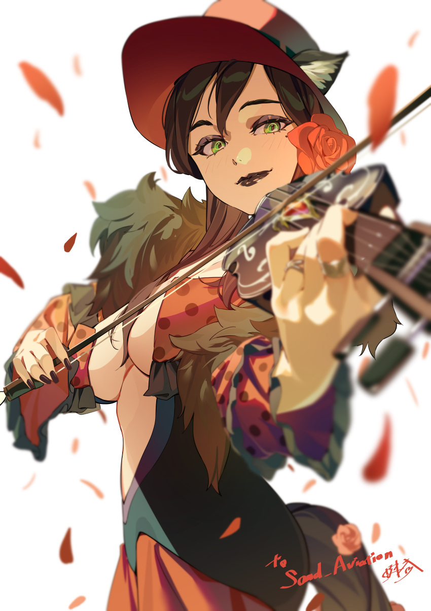 1girl absurdres animal_ears black_hair black_lips black_nails bow_(music) breasts commission ears_through_headwear flower fox_ears fox_tail green_eyes hair_flower hair_ornament hat highres holding holding_bow_(music) holding_instrument holding_violin ibaraki_shun instrument jewelry large_breasts long_hair looking_at_viewer music original petals playing_instrument ring skeb_commission solo tail violin