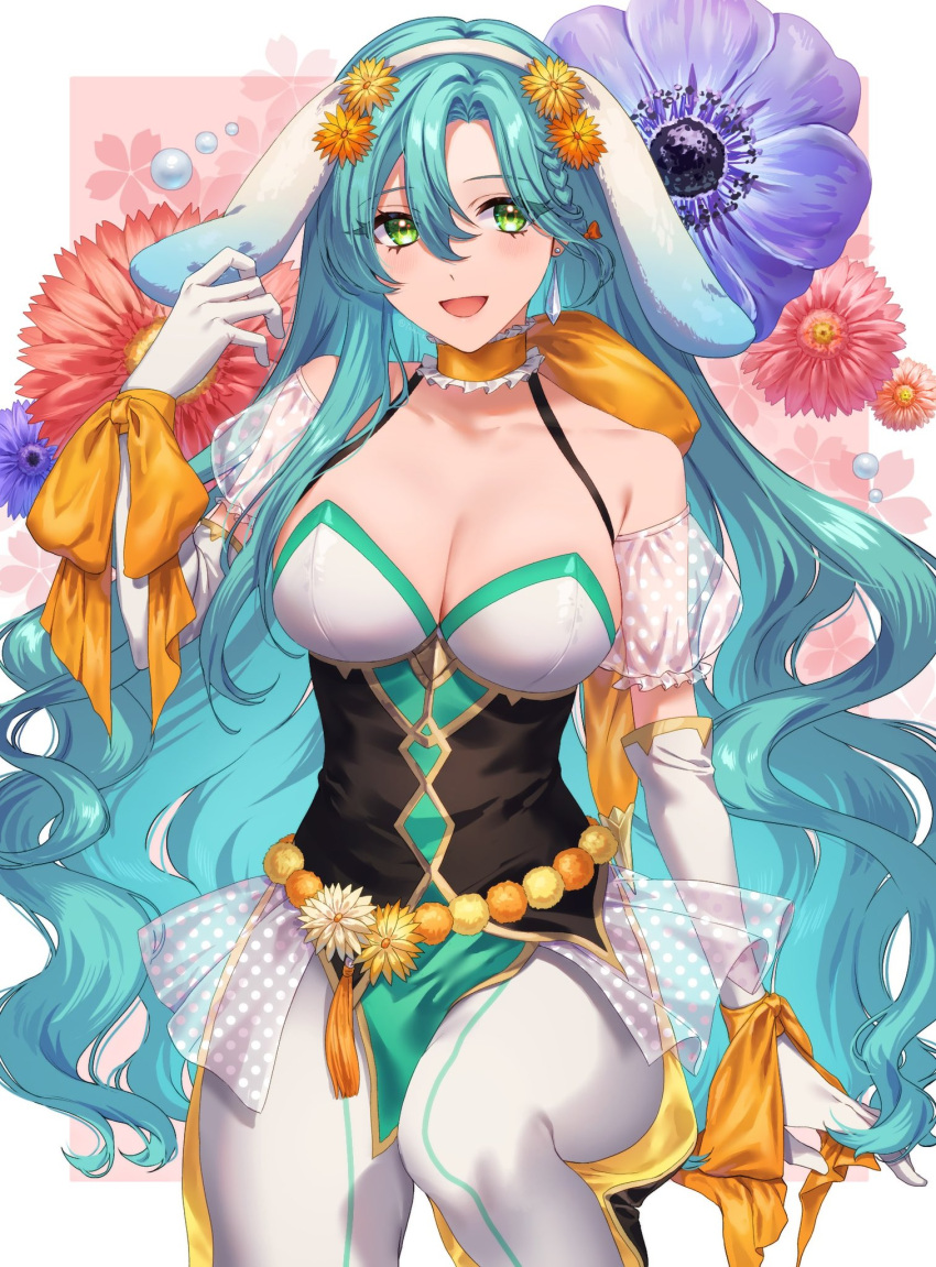 1girl :d aqua_hair bare_shoulders breasts chloe_(fire_emblem) choker cleavage commentary_request detached_sleeves earrings elbow_gloves fire_emblem fire_emblem_engage fire_emblem_heroes flower gloves green_eyes hair_between_eyes highres jewelry large_breasts long_hair official_alternate_costume open_mouth orange_choker pantyhose pink_flower puffy_short_sleeves puffy_sleeves short_sleeves smile solo thighs tomo_shirasu very_long_hair white_gloves white_pantyhose