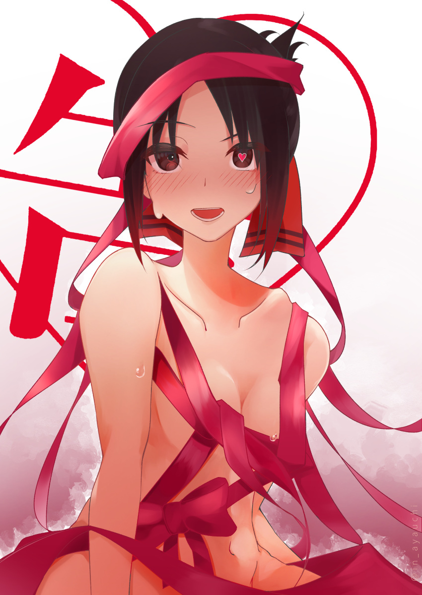 1girl absurdres ayauchi black_hair blush breasts collarbone folded_ponytail heart heart-shaped_pupils highres kaguya-sama_wa_kokurasetai_~tensai-tachi_no_renai_zunousen~ mismatched_pupils naked_ribbon nude open_mouth red_eyes red_ribbon ribbon shinomiya_kaguya short_hair small_breasts solo sweat symbol-shaped_pupils twitter_username