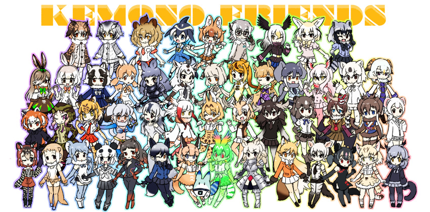 6+girls african_elephant_(kemono_friends) african_rock_python_(kemono_friends) animal_ears animal_print annotation_request arabian_oryx_(kemono_friends) armor aye-aye_(kemono_friends) bearded_seal_(kemono_friends) black_bow black_eyes black_hair black_rhinoceros_(kemono_friends) blonde_hair blue_eyes blush bow braid breast_pocket breasts brown_eyes brown_feathers brown_hair cellval character_request cleavage common_dolphin_(kemono_friends) common_raccoon_(kemono_friends) copyright_name dress elbow_gloves eurasian_eagle_owl_(kemono_friends) ezo_red_fox_(kemono_friends) feathers fennec_(kemono_friends) fox_ears fox_girl fox_tail giant_panda_(kemono_friends) glasses gloves golden_snub-nosed_monkey_(kemono_friends) grey_feathers grey_hair hair_ornament head_wings highres hippopotamus_(kemono_friends) horns japanese_otter_(kemono_friends) kemono_friends light_brown_hair lucky_beast_(kemono_friends) mask multicolored_hair multiple_girls navel necktie northern_white-faced_owl_(kemono_friends) one_eye_closed open_mouth orange_hair owl_print pink_eyes pleated_skirt pocket print_bow raccoon_ears red_bow red_eyes sailor_collar serval_(kemono_friends) serval_print silver_fox_(kemono_friends) siraitokiko skirt smile striped_tail tail tengu_mask thighhighs tiger_(kemono_friends) twin_braids white_hair white_rhinoceros_(kemono_friends) white_skirt wings