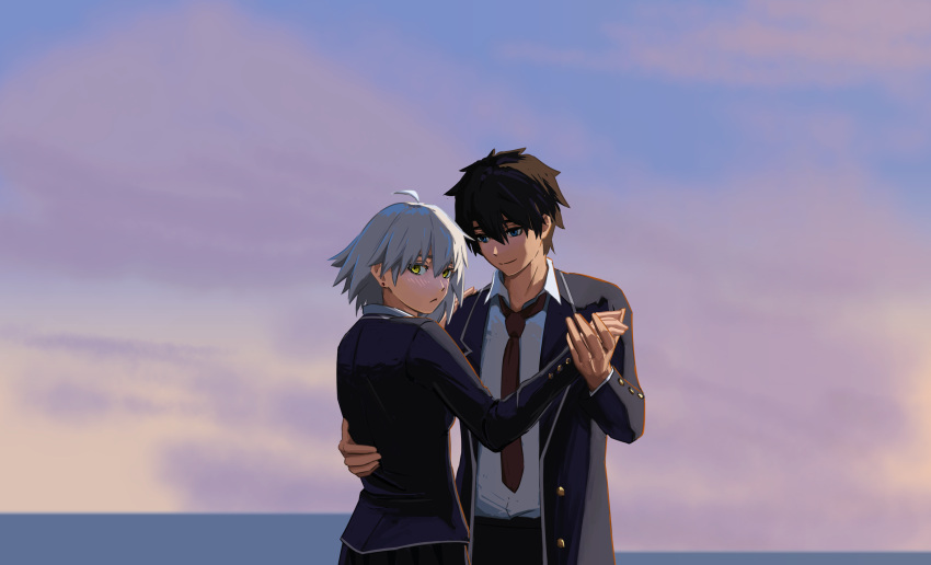 1boy 1girl absurdres ahoge black_pants black_skirt blue_eyes blue_jacket blush brown_necktie buttons closed_mouth cloud collared_shirt commentary_request dancing fate/grand_order fate_(series) fujimaru_ritsuka_(male) grey_hair hair_between_eyes hand_on_another's_hip highres holding_hands jacket jeanne_d'arc_alter_(fate) long_sleeves looking_at_another necktie official_alternate_costume open_clothes open_jacket pants paperpillar school_uniform shirt short_hair skirt sky smile waltz_(dance) white_shirt yellow_eyes