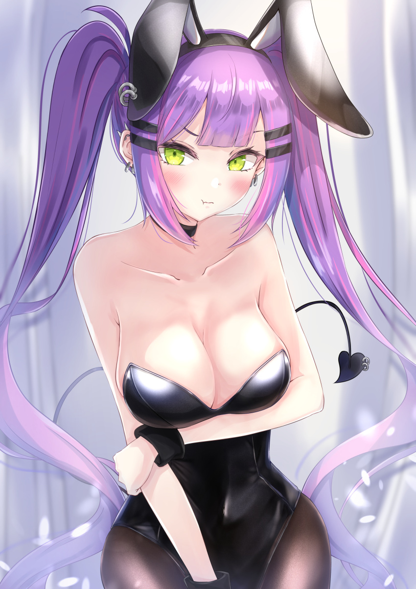 1girl absurdres alternate_costume animal_ears arm_under_breasts black_choker black_leotard black_pantyhose blush breasts choker cleavage demon_girl demon_tail ear_piercing fake_animal_ears hair_ornament hairpin highres hololive leotard long_hair looking_at_viewer medium_breasts multicolored_hair pantyhose piercing pink_hair playboy_bunny puffy_cheeks purple_hair rabbit_ears strapless strapless_leotard streaked_hair suzuka_(suzukawu) tail tail_ornament tail_piercing tokoyami_towa twintails virtual_youtuber