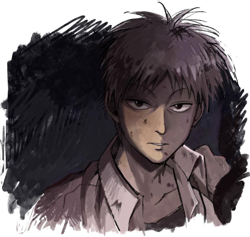 1boy absurdres akagi:_yami_ni_oritatta_tensai akagi_shigeru black_background border brown_eyes collared_shirt commentary_request expressionless fukumoto_mahjong grey_hair grey_shirt hatching_(texture) highres looking_at_viewer male_focus medium_bangs parted_lips shirt short_hair solo upper_body white_border yannchann