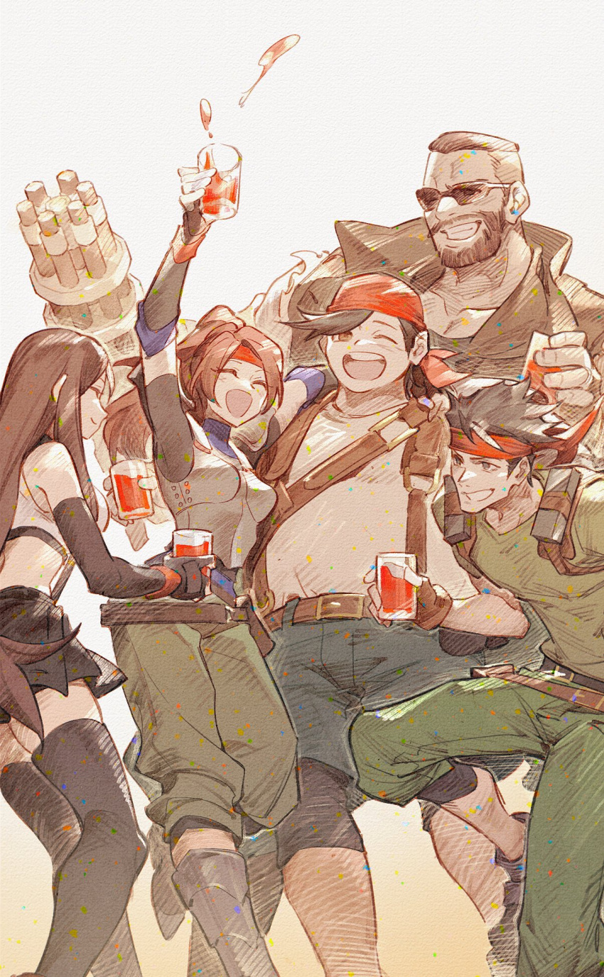 2girls 3boys alcohol arm_cannon arm_up armor bandana bare_shoulders barret_wallace biggs_(ff7) black_gloves black_hair black_skirt black_thighhighs blue_shorts boots breastplate breasts brown_hair brown_vest closed_eyes collarbone commentary crop_top crow0cc cup dark-skinned_male dark_skin drink elbow_gloves facial_hair fat feet_out_of_frame final_fantasy final_fantasy_vii final_fantasy_vii_rebirth final_fantasy_vii_remake fingerless_gloves gloves green_shirt grin headband high_ponytail highres holding holding_cup jessie_rasberry long_hair medium_breasts multiple_boys multiple_girls one_eye_closed open_mouth red_bandana red_headband shirt short_hair shorts skirt smile sunglasses suspender_skirt suspenders symbol-only_commentary tank_top thighhighs tifa_lockhart very_short_hair vest weapon wedge_(ff7) white_shirt white_tank_top
