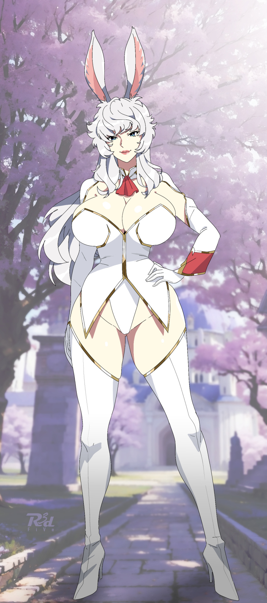 2023 absurd_res big_breasts blue_eyes breasts cherry_blossom cleavage clothed clothing digital_media_(artwork) female final_fantasy final_fantasy_xiv gloves hair hand_on_hip handwear hi_res humanoid pavement plant r3dfive road smile solo square_enix viera white_clothing white_gloves white_hair white_handwear wide_hips