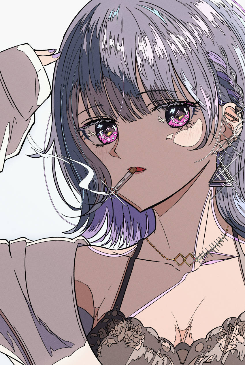 1girl absurdres black_camisole blue_hair braid breasts camisole cigarette cleavage collarbone diamond-shaped_pupils diamond_(shape) earrings french_braid hand_up highres holding holding_cigarette jacket jewelry koshimizu_toru koshimizu_toru_(2nd_costume) looking_at_viewer mole mole_under_eye mouth_hold natsugu72 necklace nijisanji off_shoulder portrait short_hair single_bare_shoulder sleeves_past_wrists smoke smoking solo symbol-shaped_pupils triangle_earrings virtual_youtuber white_background white_jacket