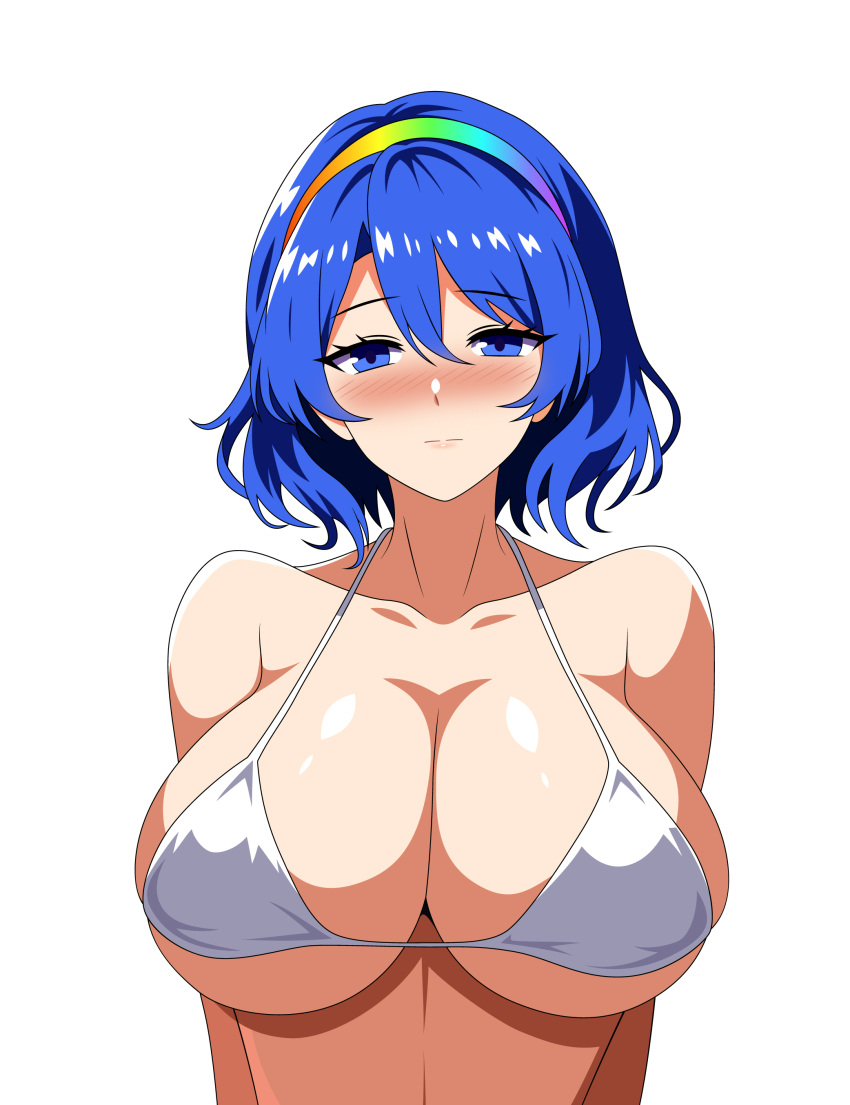 1girl absurdres bikini blue_eyes blue_hair blush breasts cleavage closed_mouth commentary_request hairband highres korean_text large_breasts looking_at_viewer multicolored_hairband simple_background smile solo ssaf52913778 swimsuit tenkyuu_chimata touhou white_background white_bikini