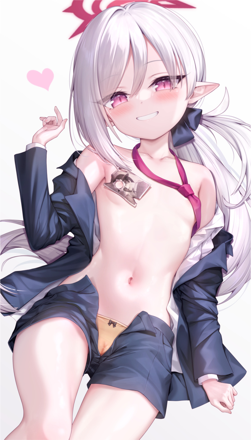 1girl arata_(xin) black_shorts blue_archive blush cameltoe collarbone feet_out_of_frame flat_chest grey_hair grin halo heart highres long_hair long_sleeves looking_at_viewer mutsuki_(blue_archive) mutsuki_(suit)_(blue_archive) navel necktie official_alternate_costume orange_panties panties pink_eyes pointy_ears ponytail red_halo red_necktie shorts simple_background slit_pupils smile solo underwear white_background