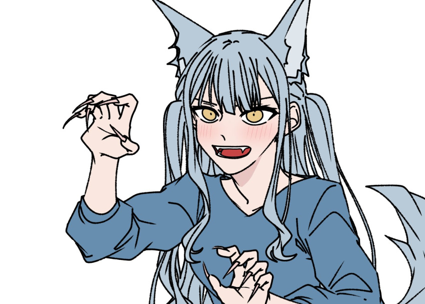 1girl a_jak animal_ears bang_dream! bang_dream!_it's_mygo!!!!! blue_shirt blush commentary_request fangs fingernails hand_up hands_up kemonomimi_mode korean_commentary long_fingernails long_hair open_mouth sharp_fingernails shirt solo tail togawa_sakiko two_side_up wolf_ears wolf_girl wolf_tail yellow_eyes