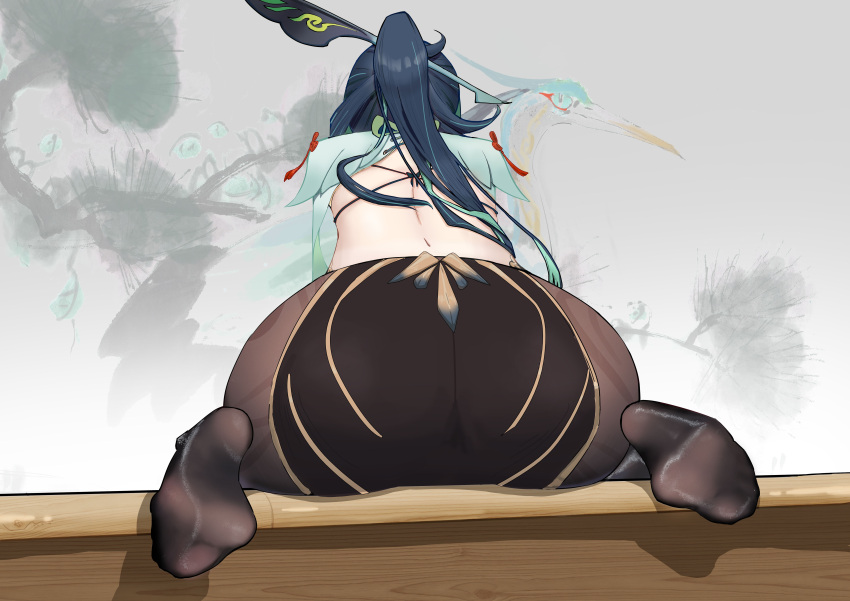 1girl absurdres ass ass_focus back bare_back black_hair black_pantyhose blue_hair breasts chinese_commentary commentary_request earrings exianble feet from_behind genshin_impact grey_background hair_ornament hair_stick highres huge_ass jewelry long_hair multicolored_hair no_shoes paid_reward_available pantyhose ponytail sitting soles solo toes very_long_hair xianyun_(genshin_impact)