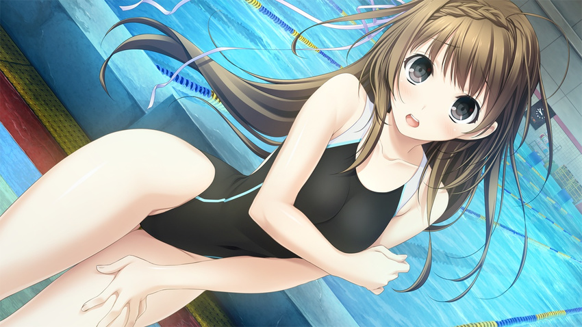 blush braid breast_hold breasts brown_hair collarbone competition_swimsuit covering dutch_angle game_cg grey_eyes hair_ribbon hand_on_own_thigh haru_kiss highleg highleg_swimsuit lane_line long_hair marui_(koedame) one-piece_swimsuit open_mouth pool poolside ribbon solo swimsuit yasumi_itsuki