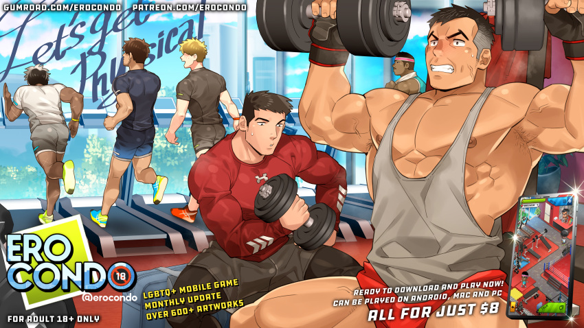 6+boys absurdres armpit_stubble ass bara bare_pectorals bulge buzz_(ero_condo) character_request clenched_hand cowboy_shot dark-skinned_male dark_skin dumbbell ero_condo exercise facial_hair gradient_hair gym headband highres kienbiu large_pectorals leggings_under_shorts male_focus micro_shorts multicolored_hair multiple_boys muscular muscular_male navel nipples paid_reward_available pectorals promotional_art running short_hair shorts sideburns_stubble sparse_stubble standing stubble sweat thick_thighs thighs treadmill veiny_face weightlifting