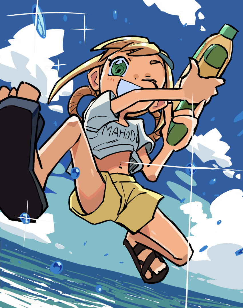 1girl absurdres asuka_momoko black_footwear blonde_hair blue_sky chieo cloud commentary_request crop_top day full_body green_eyes hair_rings highres jumping long_hair looking_at_viewer midriff navel ocean ojamajo_doremi one_eye_closed open_mouth outdoors sandals shirt short_shorts short_sleeves shorts sky smile solo sparkle water water_gun white_shirt yellow_shorts