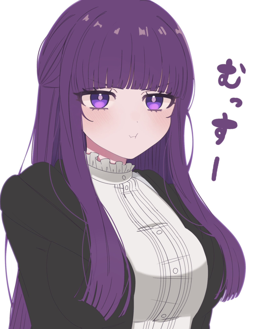 1girl blunt_bangs blush breasts buttons chi_gu closed_mouth dress fern_(sousou_no_frieren) grey_background highres large_breasts long_hair long_sleeves looking_at_viewer pout purple_eyes purple_hair simple_background solo sousou_no_frieren translation_request upper_body white_dress