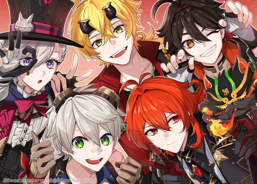 5boys bandaid bandaid_on_face bandaid_on_nose bennett_(genshin_impact) black_gloves black_necktie blonde_hair bow bowtie brown_eyes brown_gloves brown_hair closed_mouth diluc_(genshin_impact) fake_horns fingerless_gloves gaming_(genshin_impact) genshin_impact gloves goggles goggles_on_head green_eyes hair_between_eyes hairband hat headband highres hiki_yuichi horned_headwear horns jacket jewelry long_hair long_sleeves looking_at_viewer lyney_(genshin_impact) male_focus multicolored_clothes multicolored_gloves multicolored_hair multiple_boys necklace necktie one_eye_closed open_mouth ponytail purple_eyes red_bow red_bowtie red_eyes red_hair red_jacket short_hair simple_background smile teardrop_facial_mark teeth thoma_(genshin_impact) tongue top_hat v