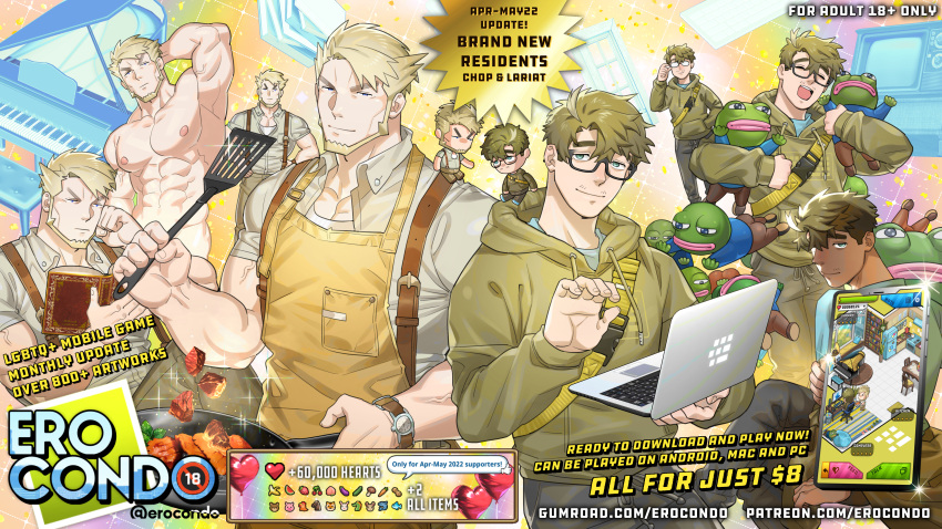 2boys abs absurdres apron arm_behind_head armpits bara beard belt blonde_hair book bulge censored character_censor character_request chop_(ero_condo) computer cook cooking cowboy_shot ero_condo facial_hair full_beard glasses happy highres instrument kienbiu laptop large_pectorals leather looking_at_viewer male_focus mature_male merchandise multiple_boys muscular muscular_male navel navel_hair nipples novelty_censor nude paid_reward_available pectorals pepe_the_frog piano promotional_art short_hair sideburns smile sparkle_background sparkling_aura stomach
