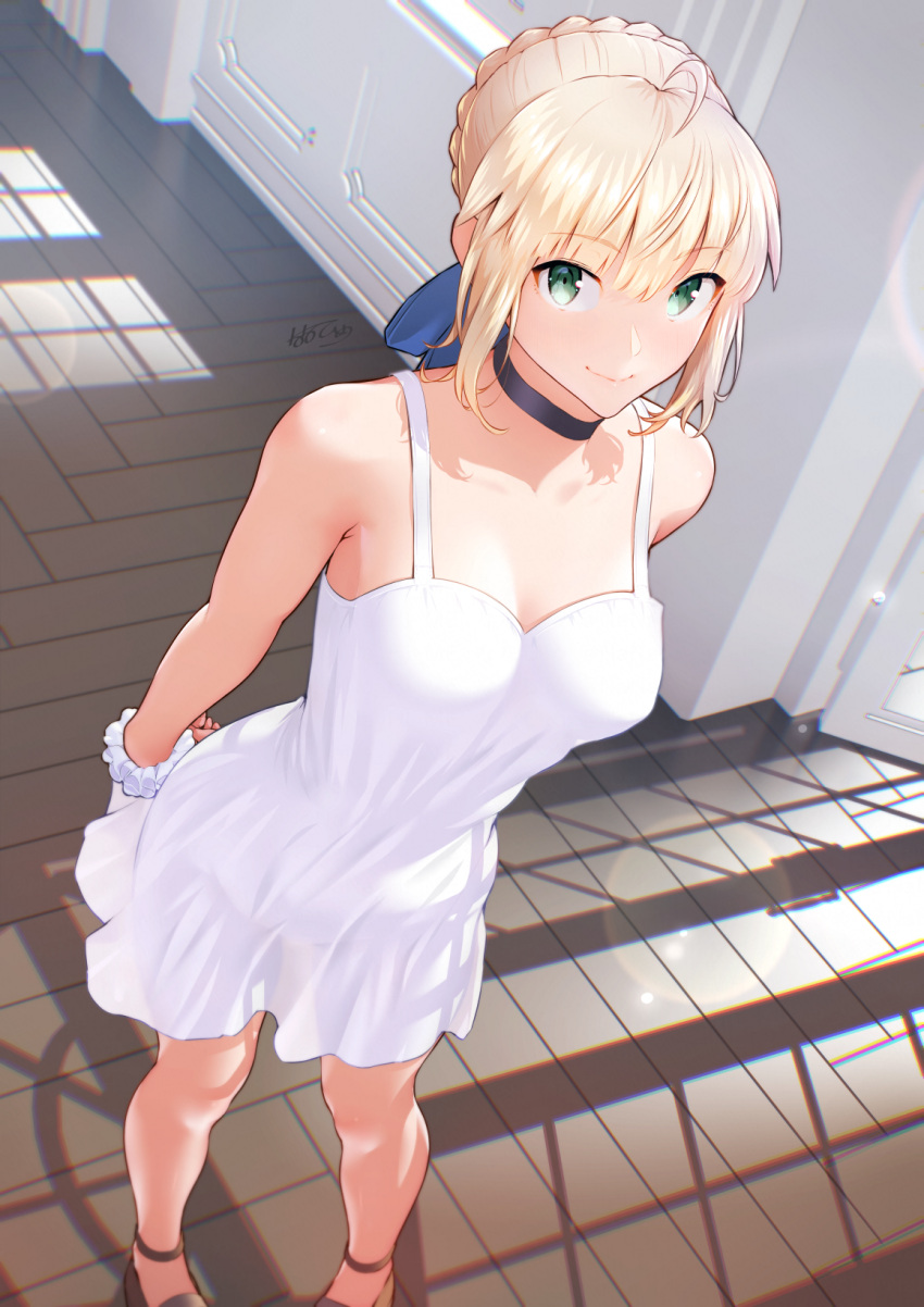 1girl ahoge arms_behind_back artoria_pendragon_(fate) bare_shoulders blonde_hair blue_ribbon braid braided_bun breasts choker cleavage collarbone dress fate/stay_night fate_(series) french_braid green_eyes hair_bun hair_ribbon highres long_hair looking_at_viewer medium_breasts nanahime ribbon saber_(fate) scrunchie sidelocks smile solo thighs white_dress white_scrunchie wrist_scrunchie