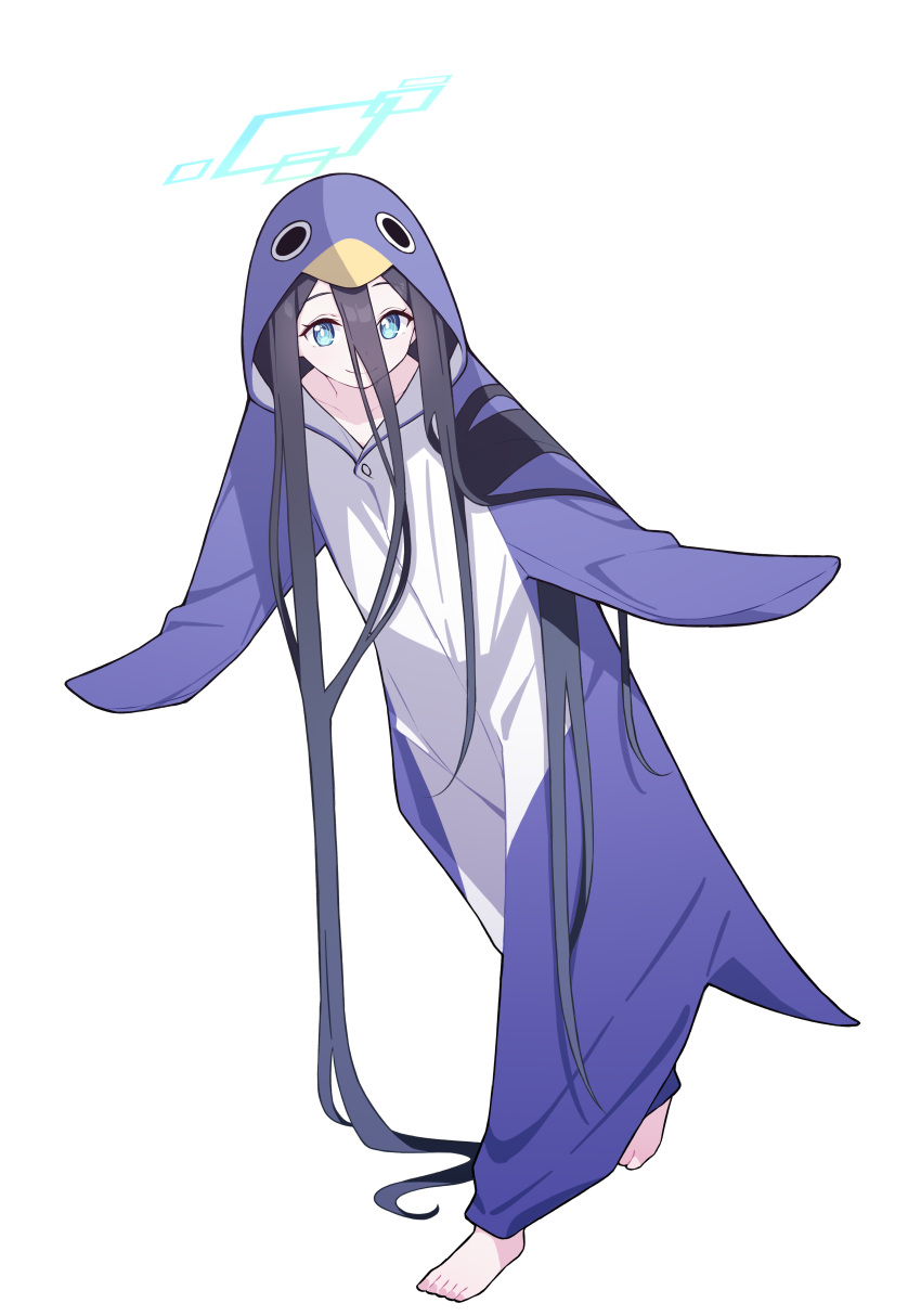 1girl absurdly_long_hair absurdres animal_costume aris_(blue_archive) barefoot black_hair blue_archive blue_eyes blue_halo blush closed_mouth full_body halo highres long_hair mmhomm penguin_costume simple_background smile solo toes very_long_hair white_background