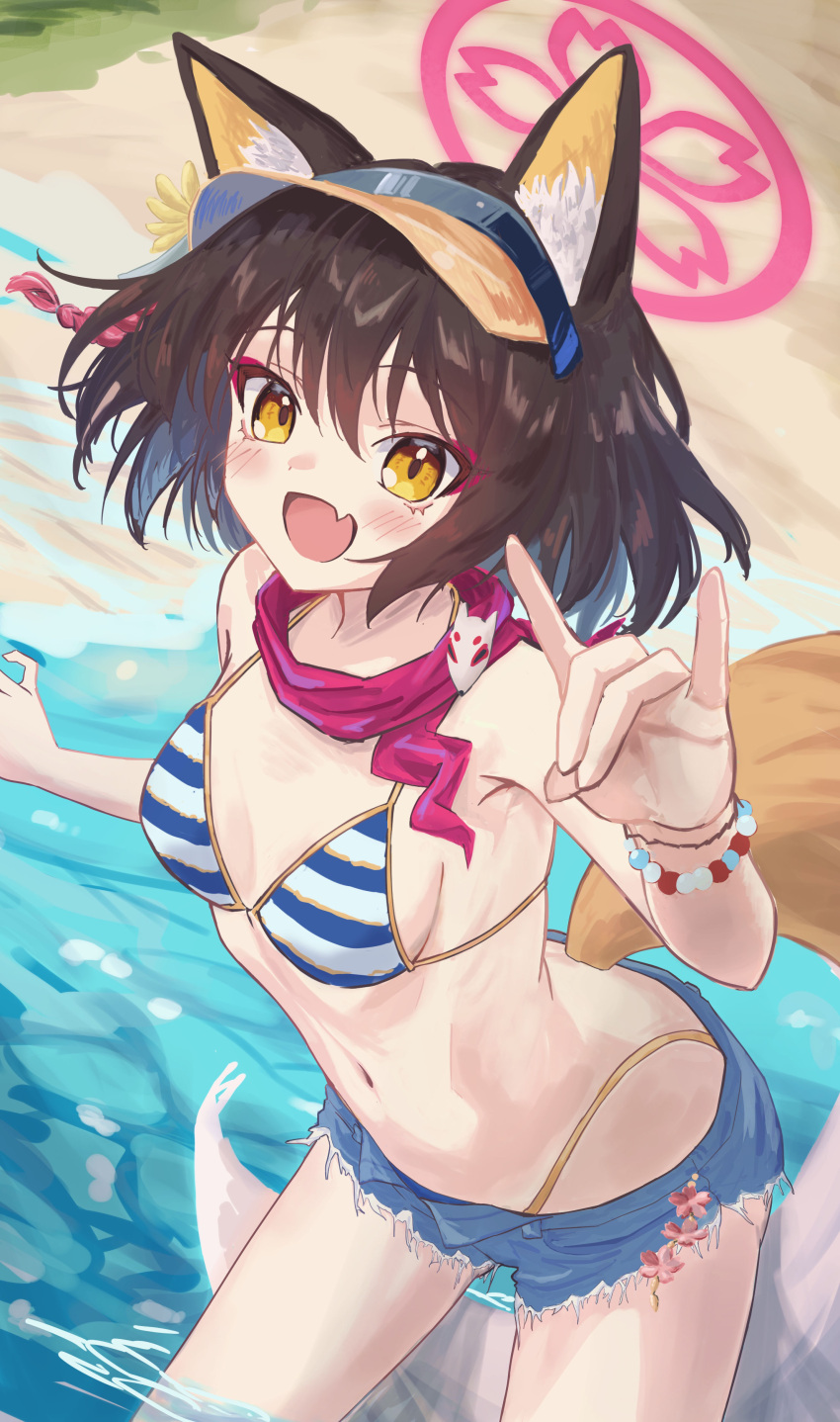 1girl absurdres animal_ear_fluff animal_ears armpit_crease bare_shoulders bikini black_hair blue_archive blue_bikini commentary_request denim denim_shorts fang fox_ears fox_girl fox_shadow_puppet fox_tail grey_shorts halo highres izuna_(blue_archive) izuna_(swimsuit)_(blue_archive) lamune_otohara navel official_alternate_costume open_mouth outdoors pink_halo red_scarf scarf short_hair shorts skin_fang smile solo stomach swimsuit tail white_bikini yellow_eyes