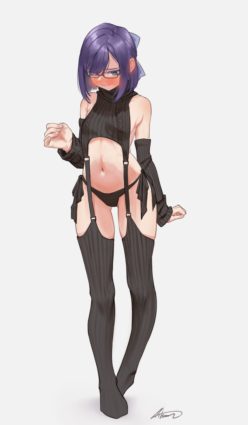 1girl a-chan_(hololive) absurdres aiharararara alternate_costume bare_shoulders black_panties black_sweater black_thighhighs blue_bow blue_eyes blue_hair blush bow breasts closed_mouth detached_sleeves embarrassed full_body garter_straps glasses hair_bow highres hololive looking_at_viewer meme_attire navel no_shoes panties purple_hair ribbed_legwear ribbed_sleeves ribbed_sweater ribbed_thighhighs short_hair side-tie_panties signature simple_background sleeveless sleeveless_sweater sleeveless_turtleneck small_breasts solo standing stomach sweater thighhighs turtleneck turtleneck_sweater underwear virgin_destroyer_sweater virgin_killer_sweater virtual_youtuber white_background