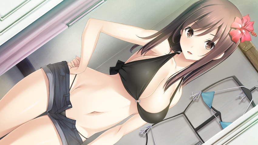 bikini black_bikini breasts brown_eyes brown_hair cleavage contrapposto denim denim_shorts dutch_angle fitting_room flower game_cg hair_flower hair_ornament hand_on_hip haru_kiss hibiscus large_breasts long_hair mikoto_akemi navel o-ring o-ring_bikini o-ring_top open_fly shiraishi_aoi short_shorts shorts smile solo standing swimsuit unzipped