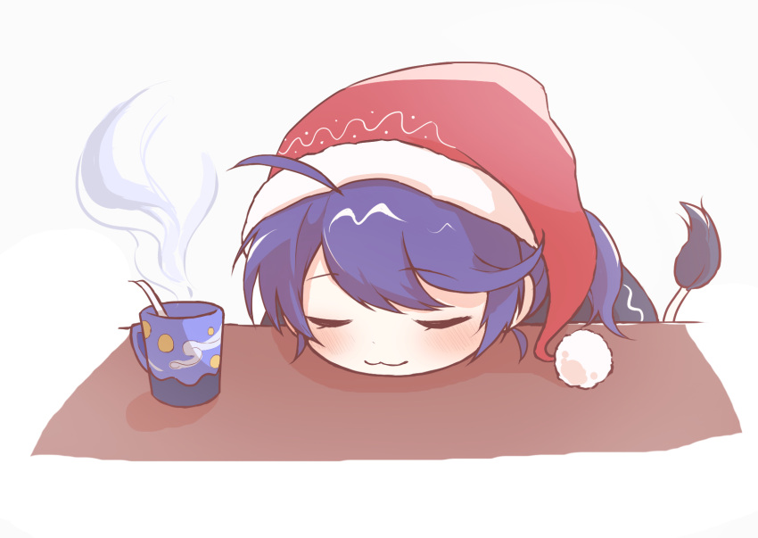 1girl :3 ahoge aichi_u_titan blue_hair blush closed_eyes cup doremy_sweet fur-trimmed_headwear fur_trim hat head_on_table highres nightcap pom_pom_(clothes) red_hat short_hair simple_background sleeping sleeping_on_desk solo steam tail tapir_tail touhou white_background