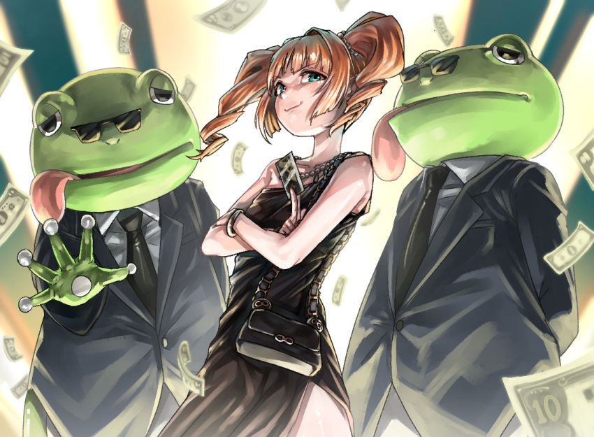 1girl 2boys animal_costume bag bare_shoulders black_credit_card black_dress blue_eyes crossed_arms dress formal frog_costume frog_mask handbag hold111 idolmaster idolmaster_(classic) looking_at_viewer money multiple_boys necktie orange_hair smile smug suit takatsuki_yayoi twintails