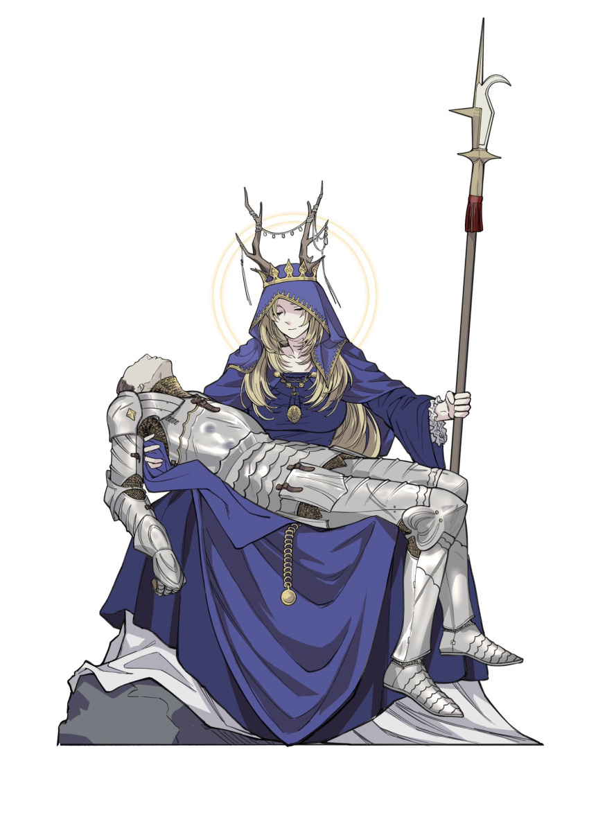 1girl 200061silver antlers armor blonde_hair blue_dress breastplate closed_eyes crown dress gauntlets halo_behind_head highres holding horns jewelry lance long_hair long_sleeves neck_ring original polearm simple_background sitting tagme weapon white_background