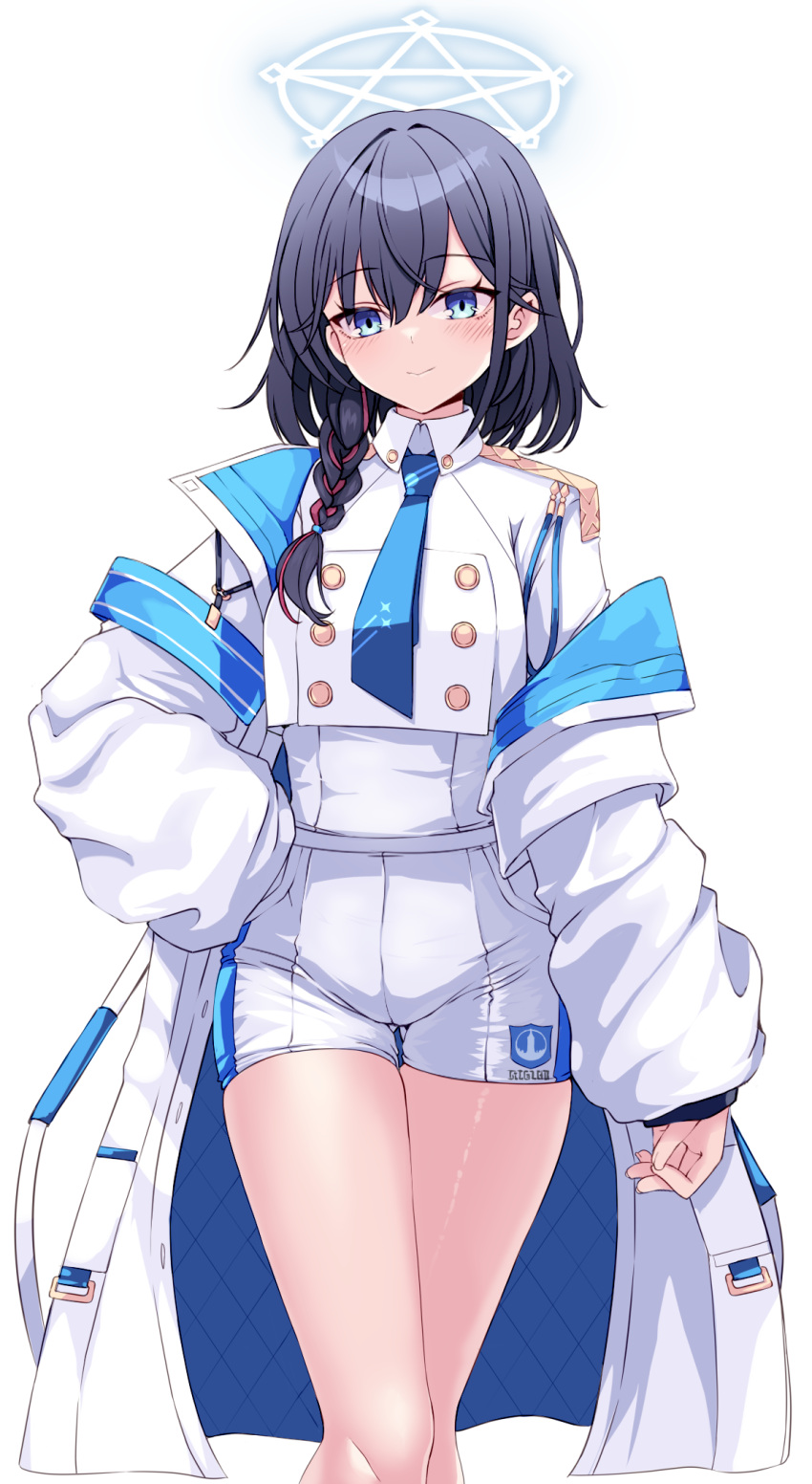 1girl blue_archive blue_necktie commentary_request commission halo highres korean_commentary necktie original pants reason_(ficafe) short_shorts shorts simple_background solo thighs white_background white_pants white_uniform