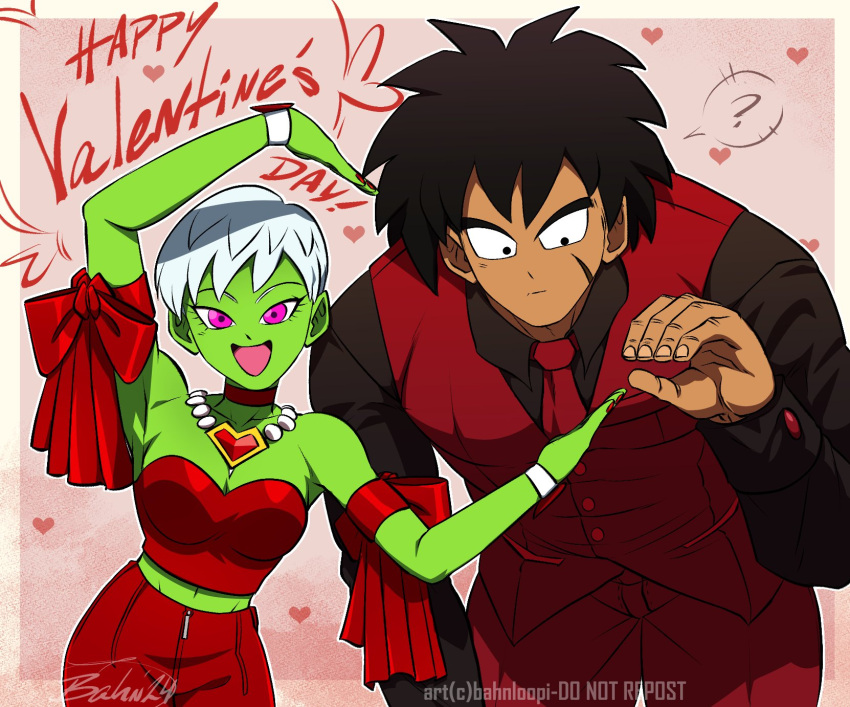 1boy 1girl ? bahnloopi black_hair breasts broly_(dragon_ball_super) cheelai colored_skin confused dragon_ball dragon_ball_super dragon_ball_super_broly green_skin grey_hair happy_valentine heart heart_hands heart_hands_duo heart_hands_failure highres leaning_forward necktie red_necktie red_vest scar scar_on_face short_hair smile spoken_question_mark tall_male very_short_hair vest