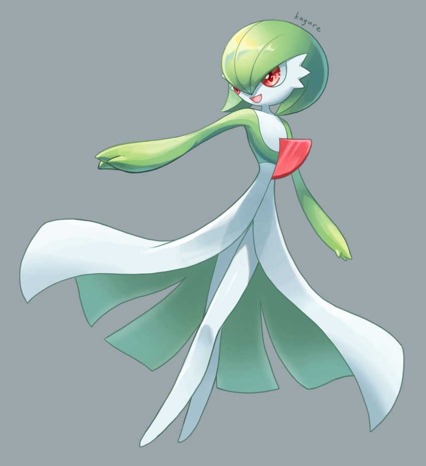 1girl absurdres artist_name bob_cut colored_skin commentary_request crossed_legs flat_chest full_body gardevoir green_hair green_skin grey_background hair_between_eyes hair_over_one_eye highres kagure_(karaguren) legs looking_to_the_side multicolored_skin one_eye_covered pokemon pokemon_(creature) red_eyes short_hair signature simple_background solo standing two-tone_skin white_skin