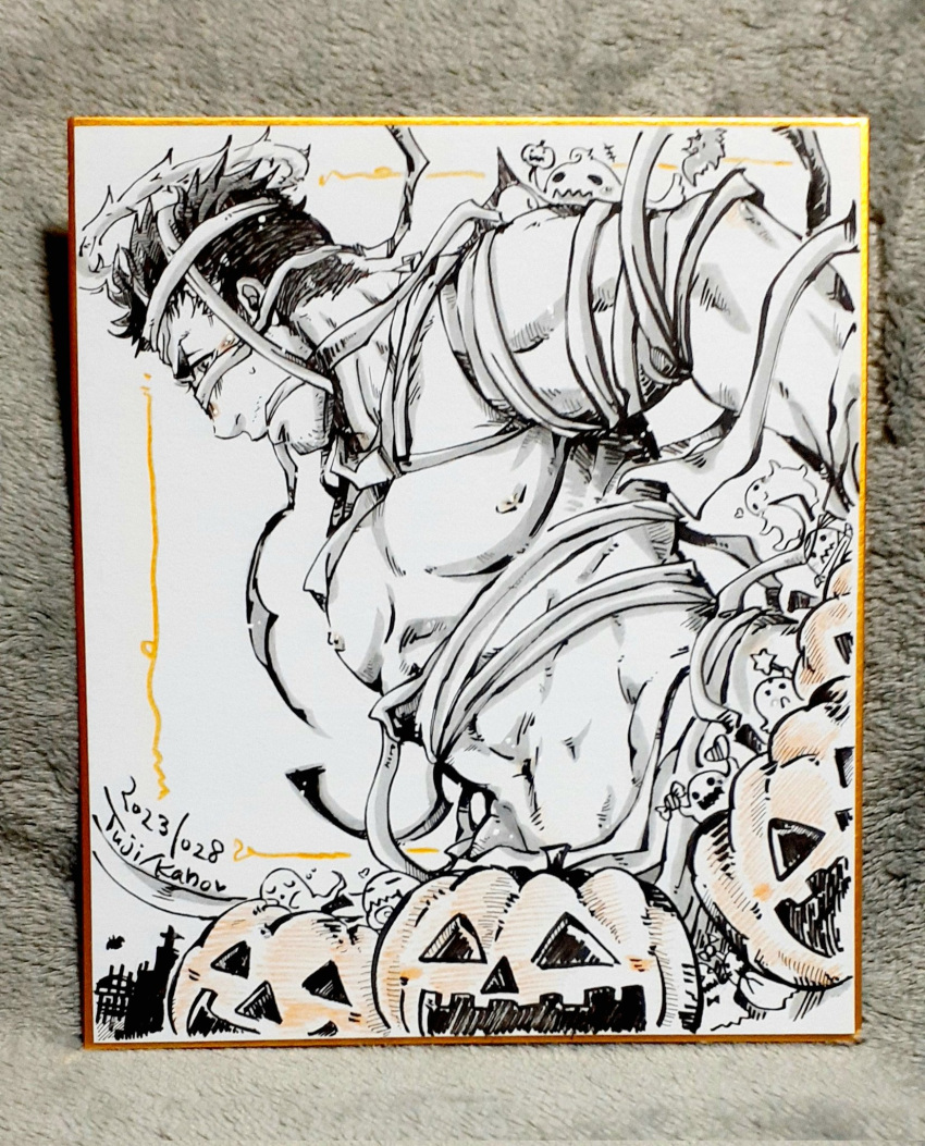 1boy bara bare_pectorals cowboy_shot flaming_halo greyscale halloween_costume halo highres jack-o'-lantern kano_(kano_to10) large_pectorals looking_ahead male_focus mature_male monochrome mummy_costume muscular muscular_male official_alternate_costume pectorals photo_(medium) profile shikishi short_hair solo sparse_stubble spot_color tokyo_afterschool_summoners zabaniyya_(halloween)_(housamo) zabaniyya_(housamo)